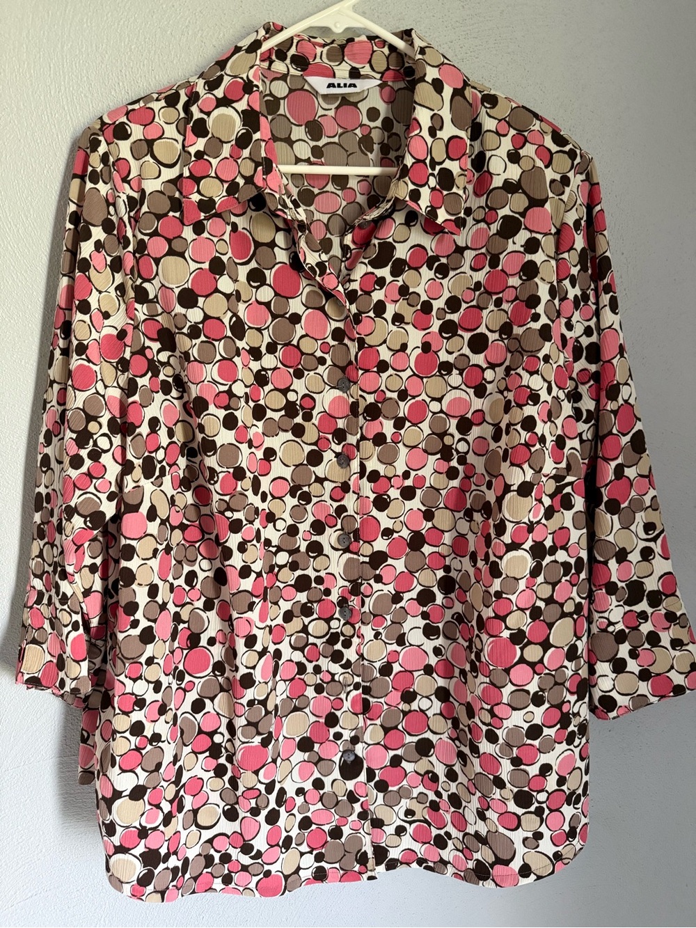 Alia Pink, Brown and Cream Dot-Print Button Down Shirt